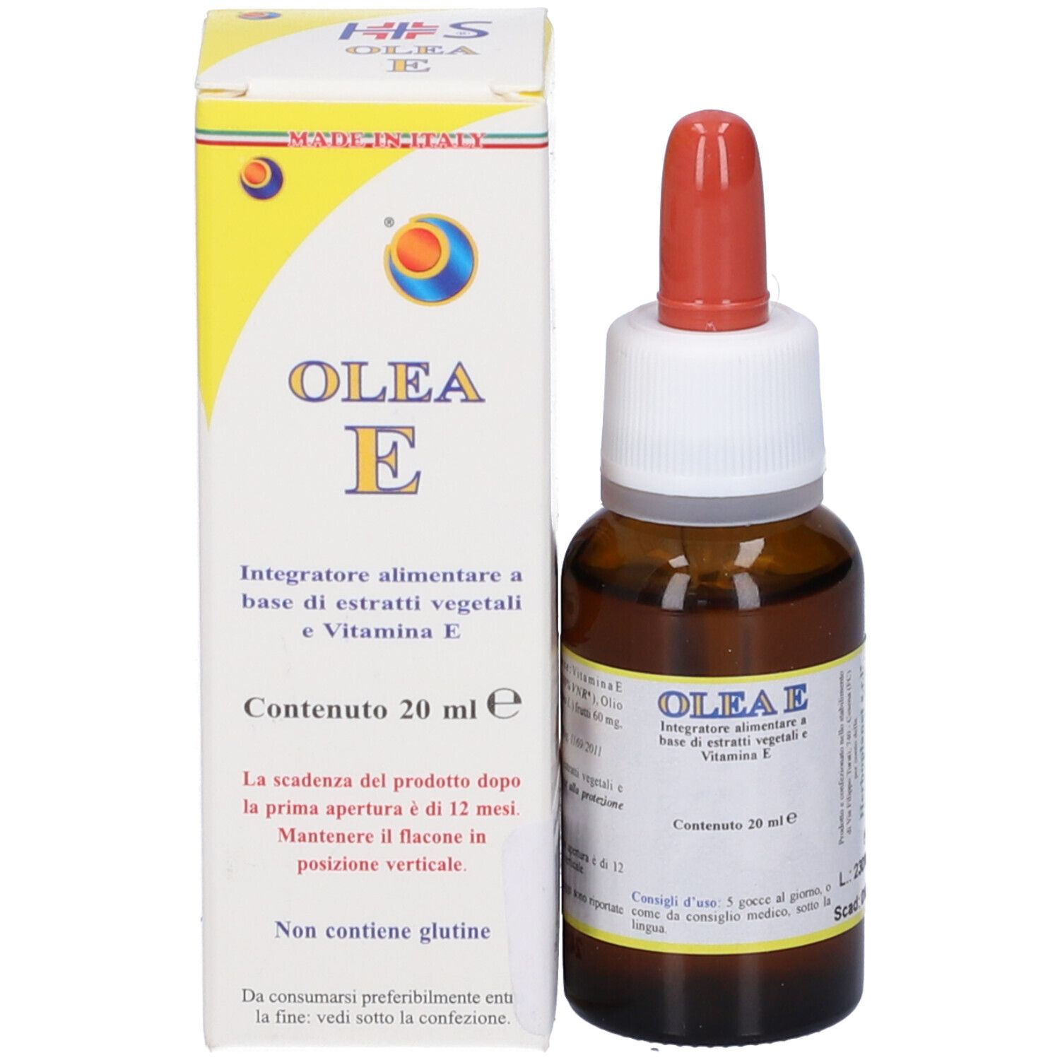 Produit Olea E avec emballage. Flacon brun avec pipette rouge. Contient 20 ml. Complément alimentaire.