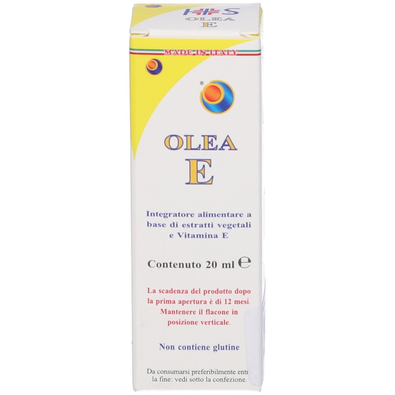 Produit Olea E avec emballage. Flacon brun avec pipette rouge. Contient 20 ml. Complément alimentaire.