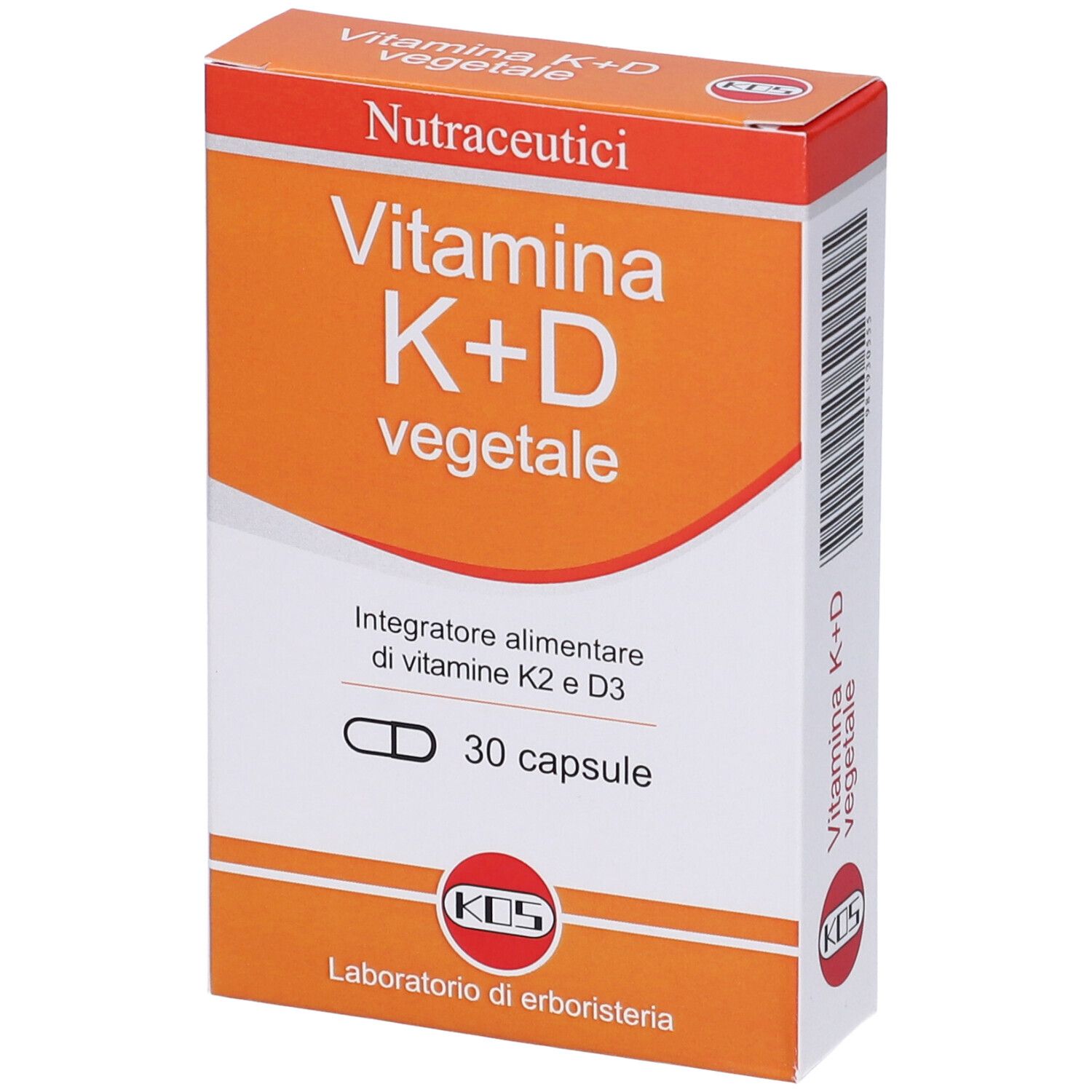 Scatola 'Vitamina K+D vegetale' con 30 capsule. Marchio KOS. Integratore alimentare.