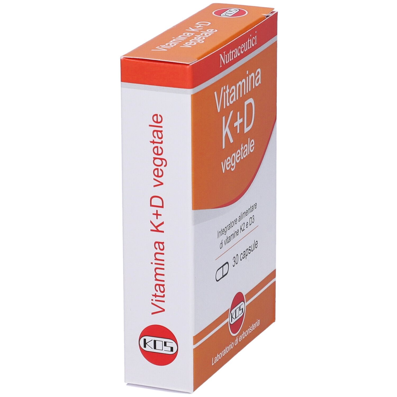Scatola 'Vitamina K+D vegetale' KOS. 30 capsule. Confezione arancione e bianca.