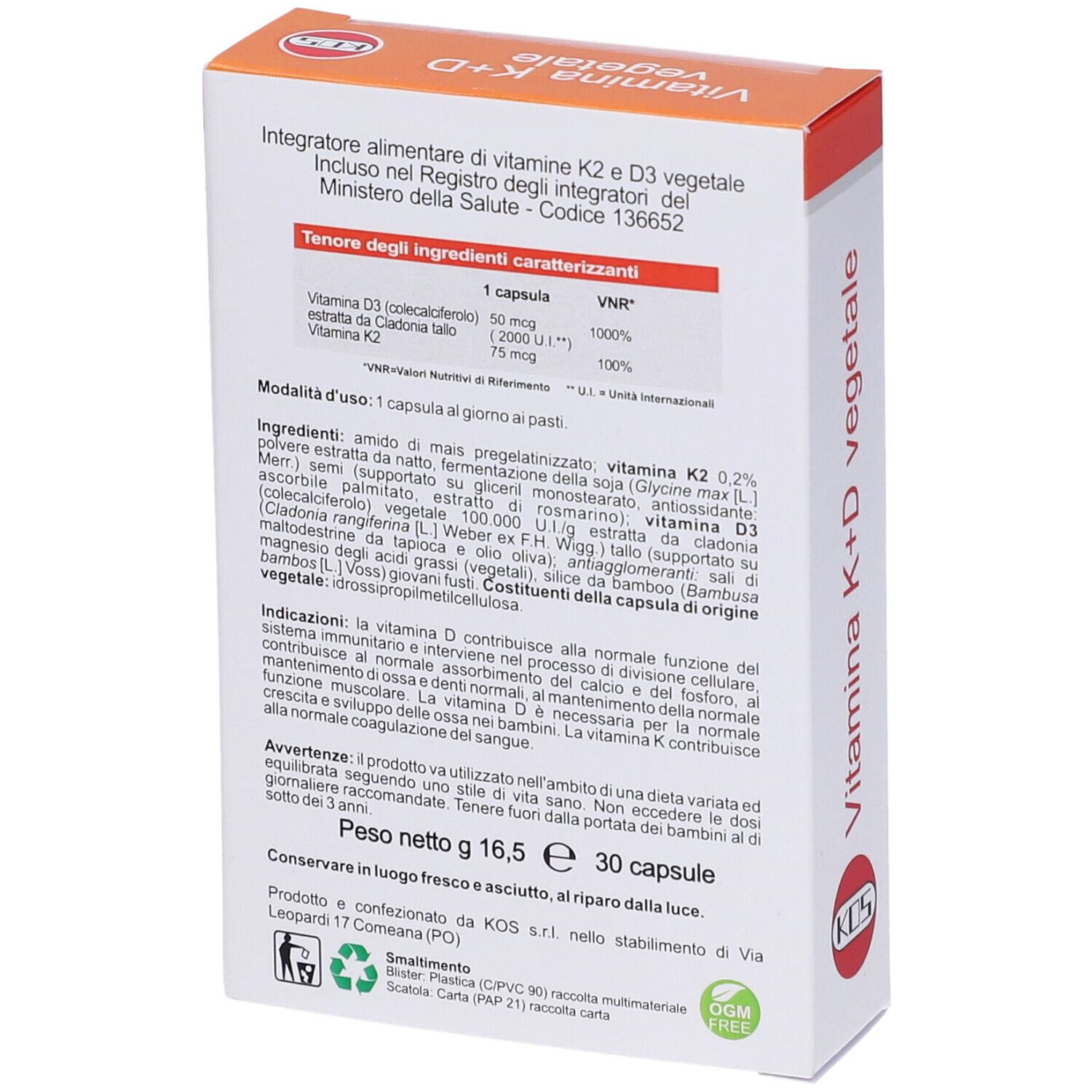 Retro scatola KOS 'Vitamina K+D vegetale'. Testo in italiano.