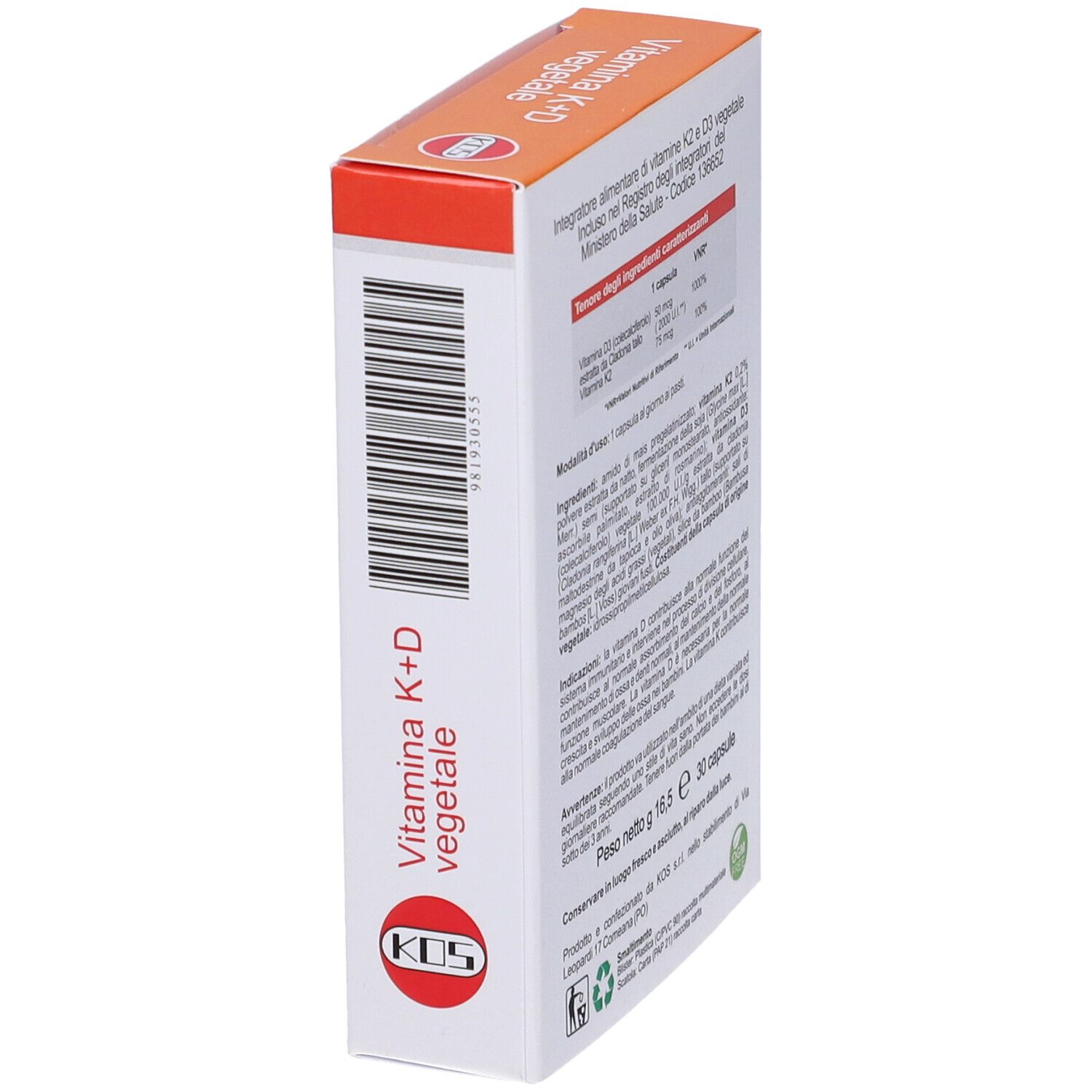 Scatola 'Vitamina K+D vegetale' KOS. Codice a barre e testo in italiano.