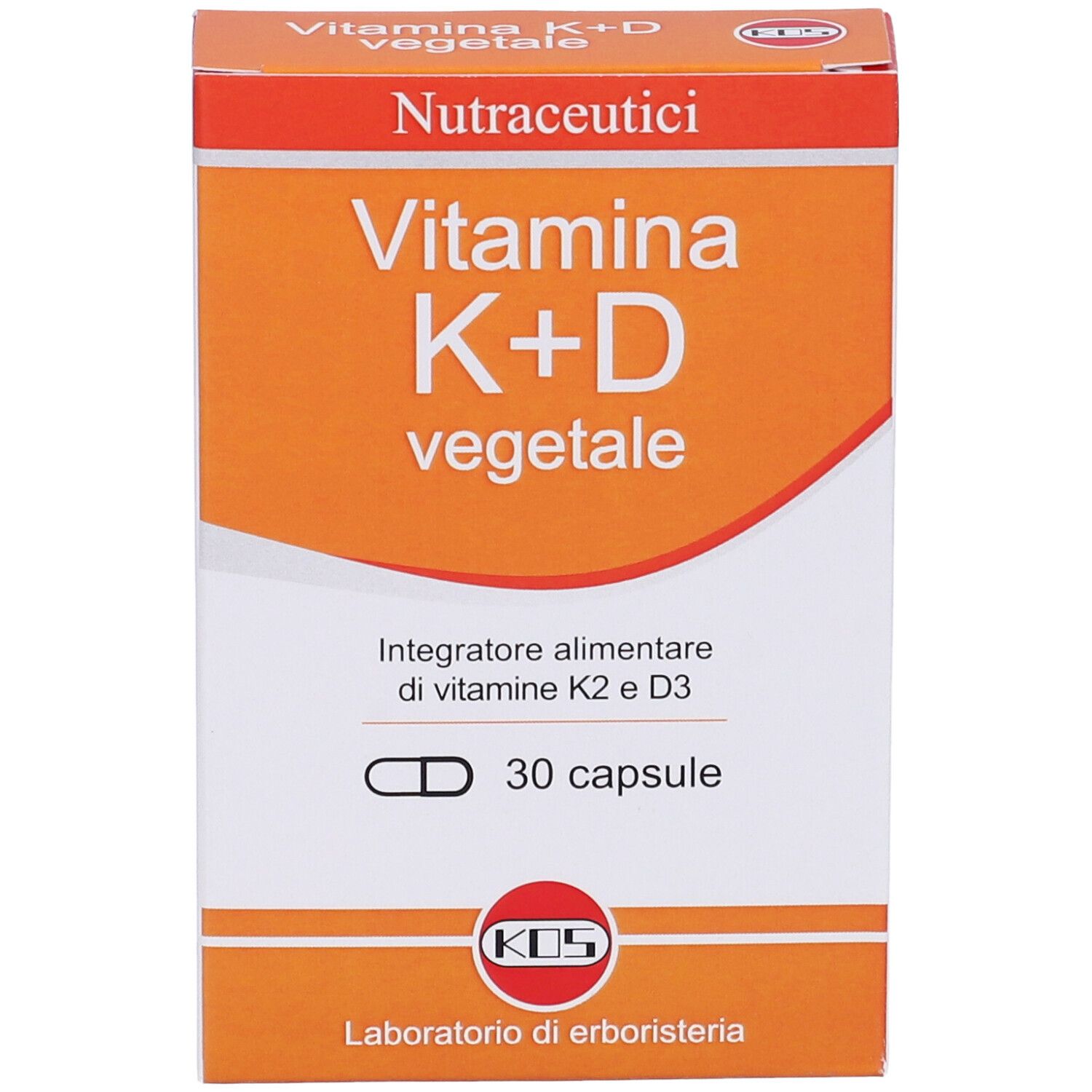 Scatola 'Vitamina K+D vegetale' KOS. 30 capsule. Confezione arancione e bianca.