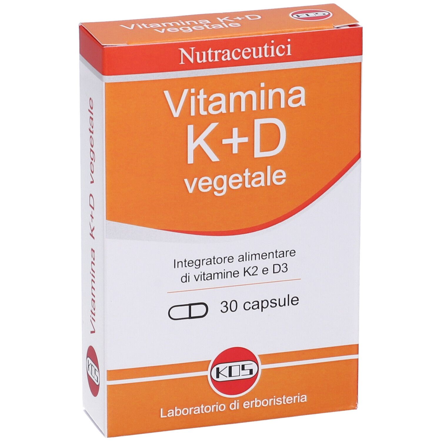 Scatola 'Vitamina K+D vegetale' KOS. 30 capsule. Confezione arancione e bianca.