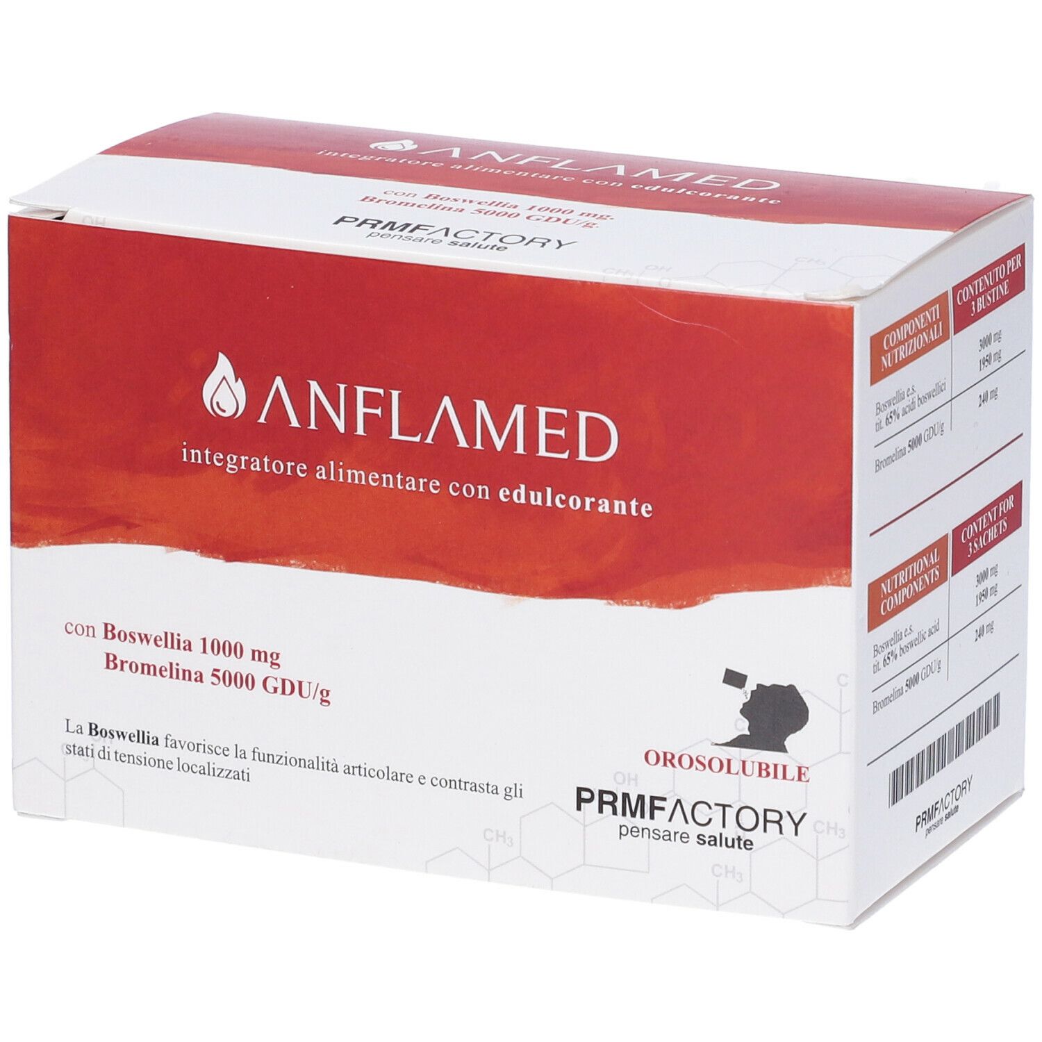 Confezione del prodotto con logo e informazioni. Contiene Boswellia e Bromelina. Marchio: Anflamed.