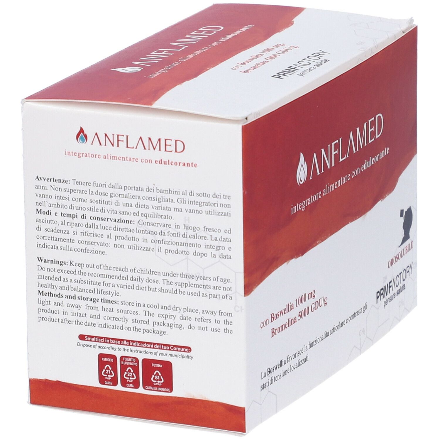 Confezione del prodotto con logo e avvertenze. Contiene Boswellia e Bromelina. Marchio: Anflamed.