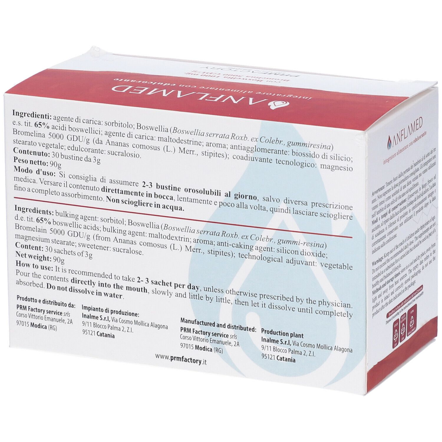 Confezione del prodotto con ingredienti e istruzioni per l'uso. Contiene Boswellia e Bromelina. Marchio: Anflamed.