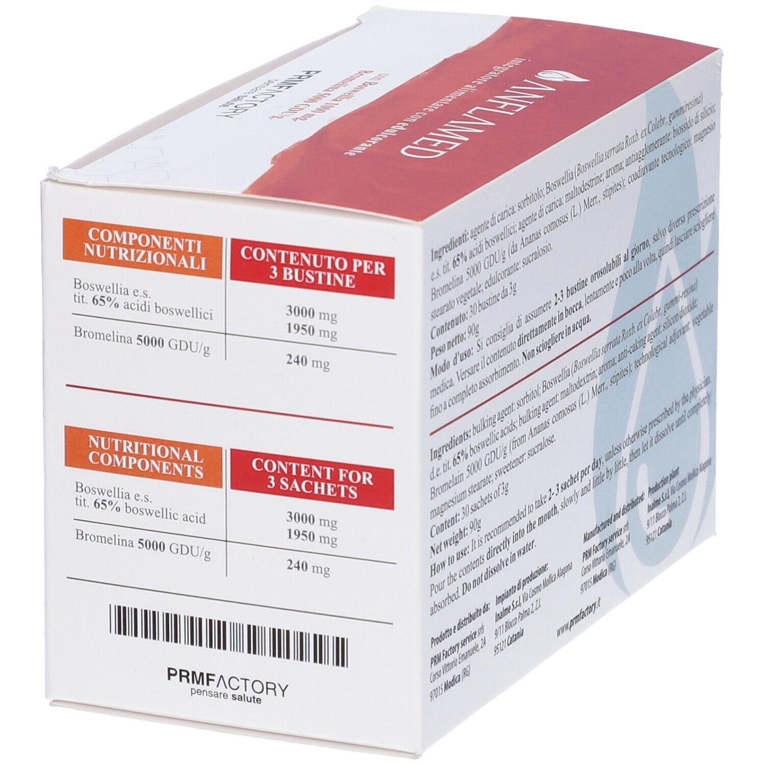 Confezione del prodotto con informazioni nutrizionali. Contiene Boswellia e Bromelina. Marchio: Anflamed.
