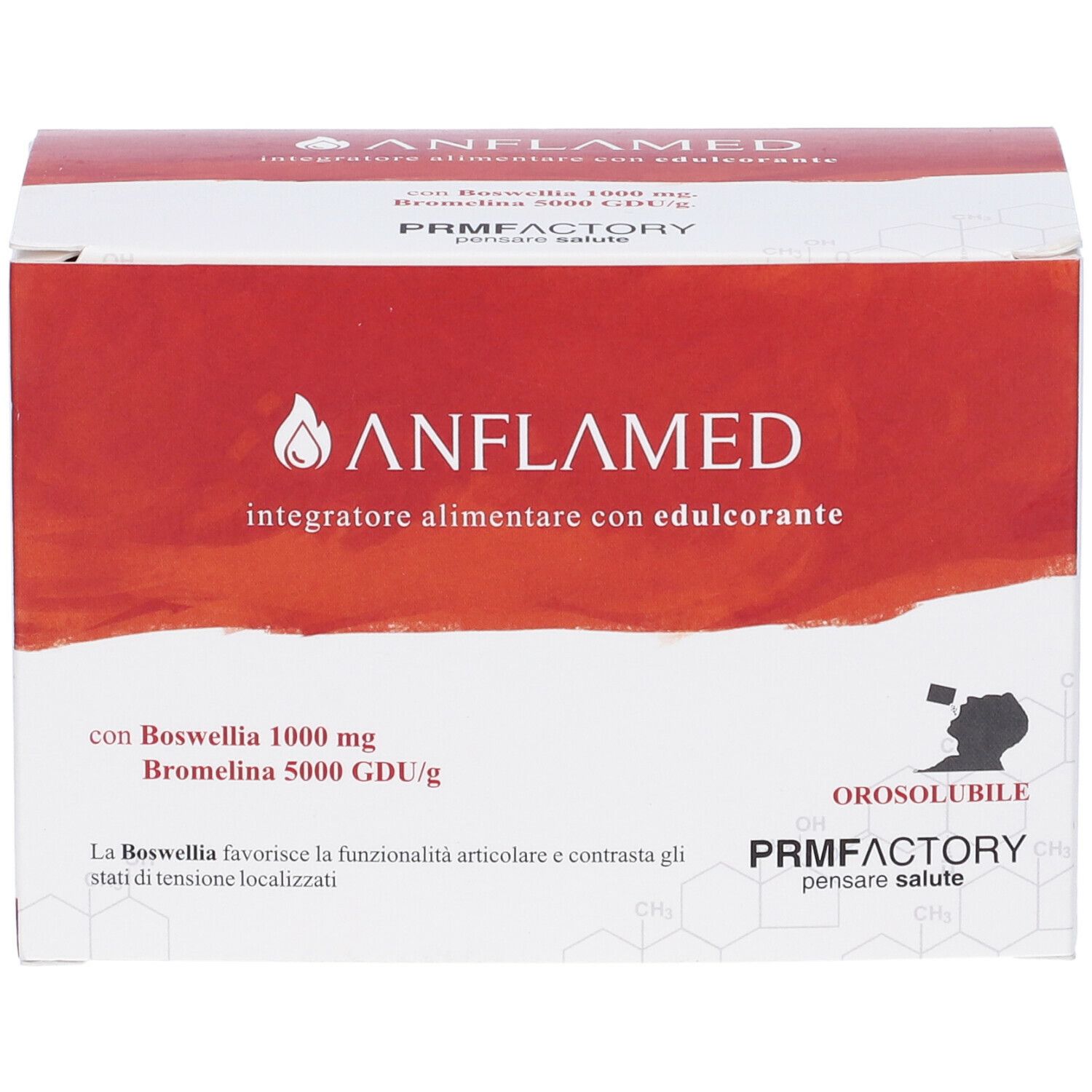 Confezione del prodotto con logo e informazioni. Contiene Boswellia e Bromelina. Marchio: Anflamed.