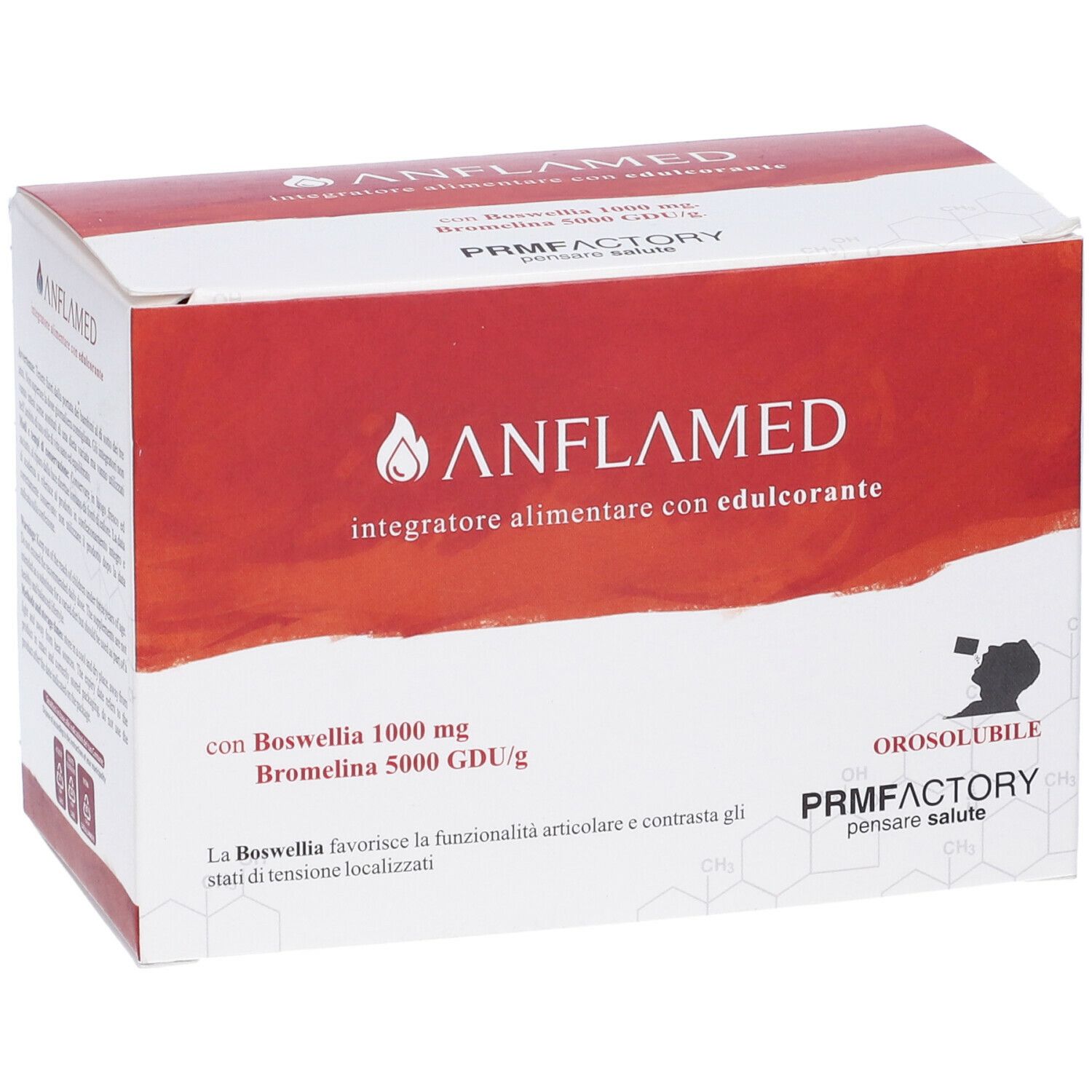 Confezione del prodotto con logo e informazioni. Contiene Boswellia e Bromelina. Marchio: Anflamed.
