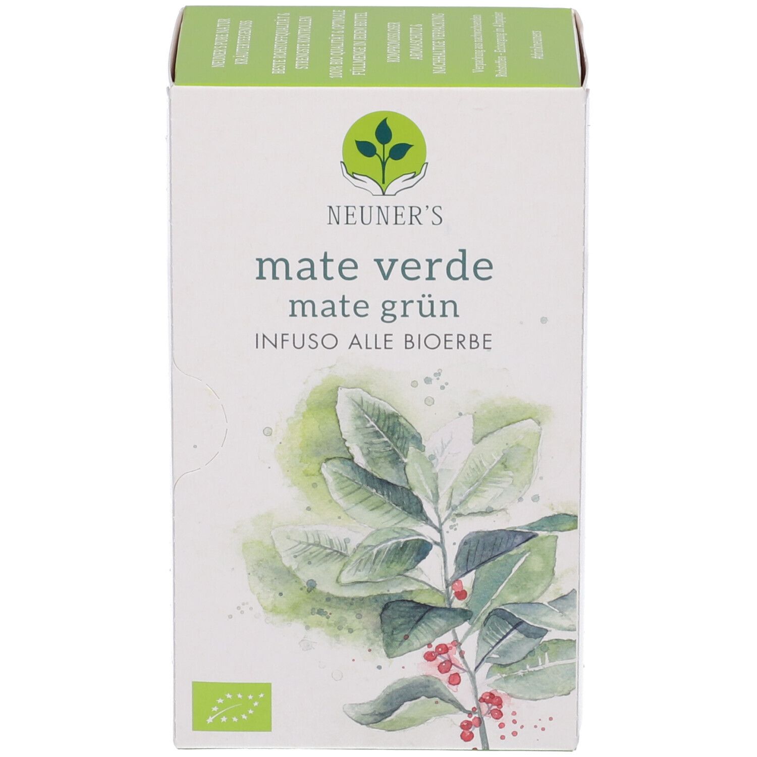Vorderseite der Teebox "Neuner's mate verde". Logo, Produktname und Bio-Siegel. Grüner Deckel.