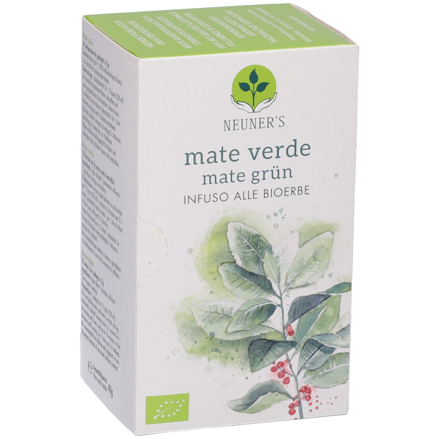 Teebox "Neuner's mate verde". Logo, Produktname und Bio-Siegel. Grün-weiße Verpackung. Ansicht schräg.