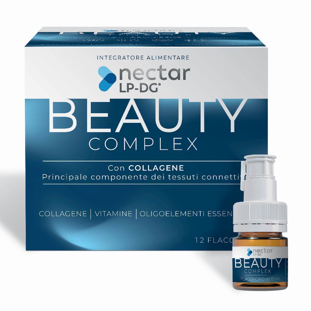 Scatola e flacone di "BEAUTY COMPLEX". Contiene collagene, vitamine e oligoelementi. 12 flaconcini.