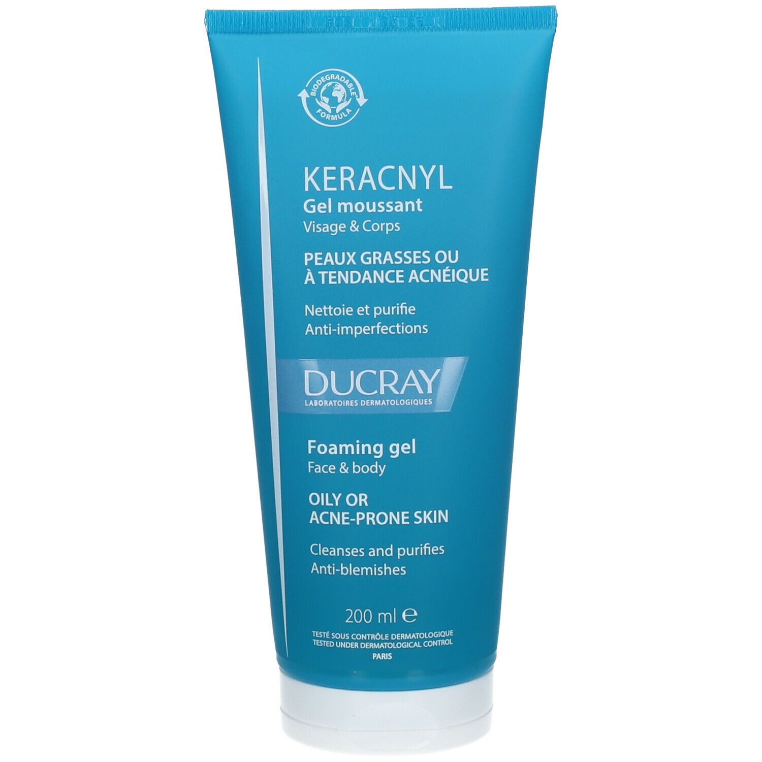 Tubo turchese. Scritta: Keracnyl Gel moussant, Visage & Corps, Ducray. Per pelli grasse o a tendenza acneica.