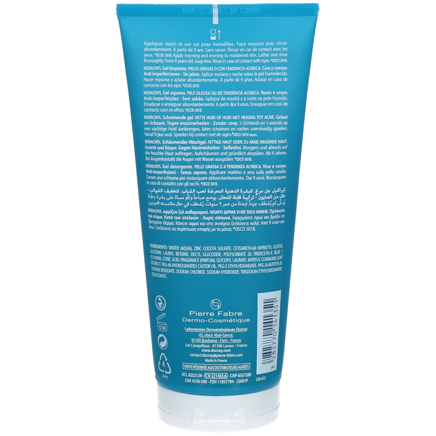 Retro del tubo. Testo multilingue. Ingredienti e informazioni del produttore. Sfondo turchese.