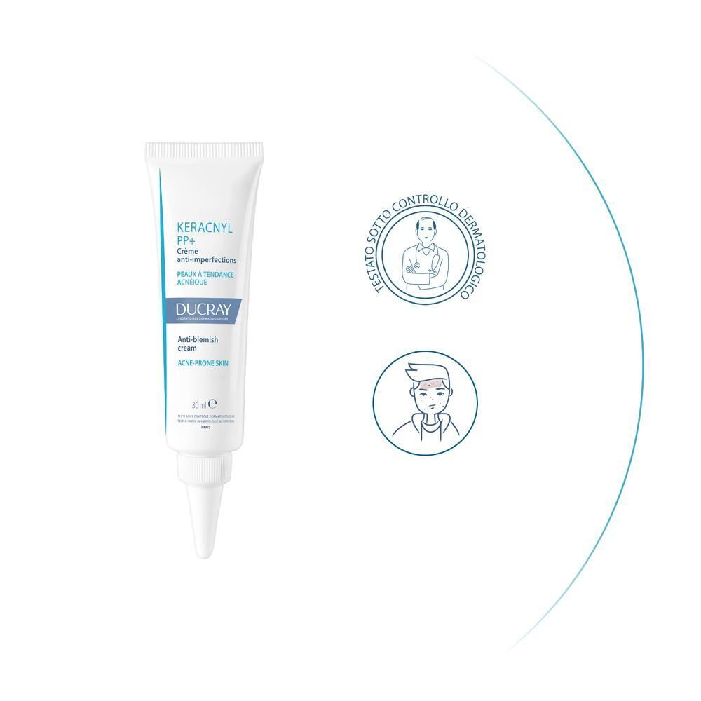 Tubo crema con nome e marchio del prodotto. Dermatologicamente testato.