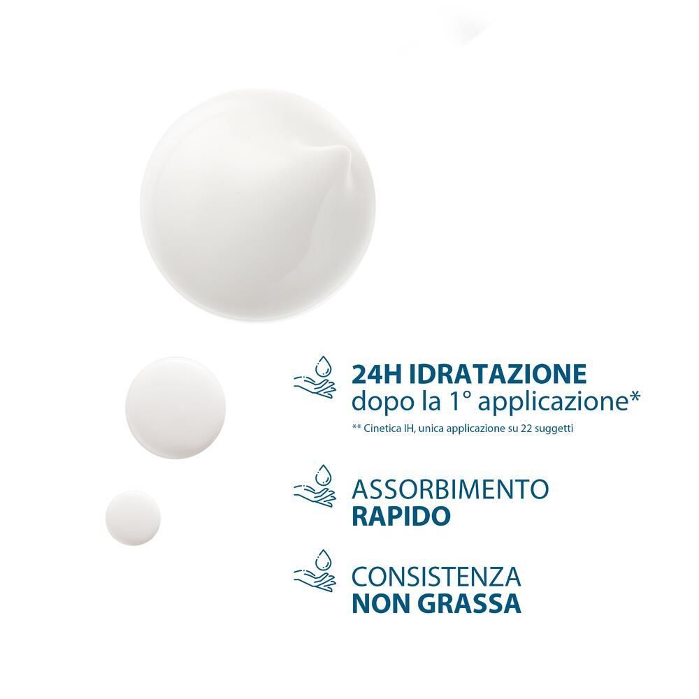 Tre gocce di crema. Mostra idratazione 24h, assorbimento rapido e consistenza non grassa.