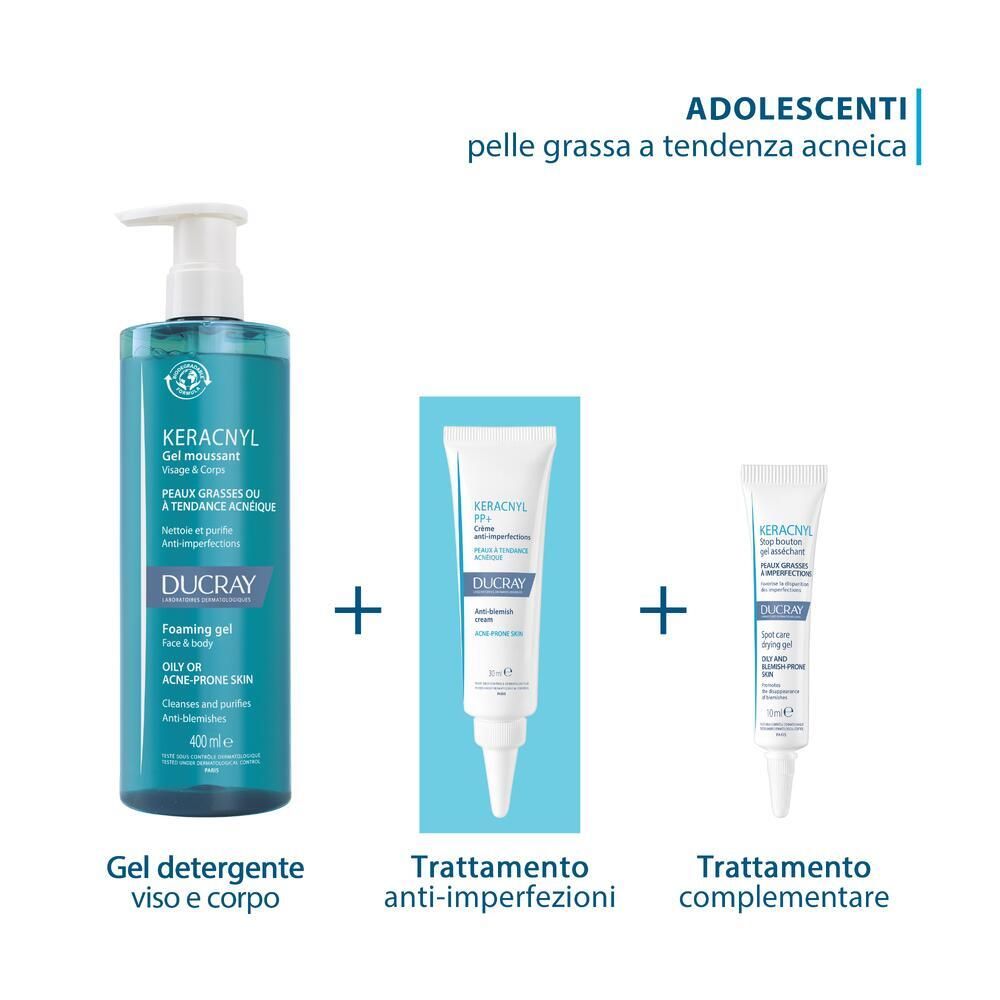 Tre prodotti: gel detergente, crema e trattamento complementare. Per pelli a tendenza acneica.