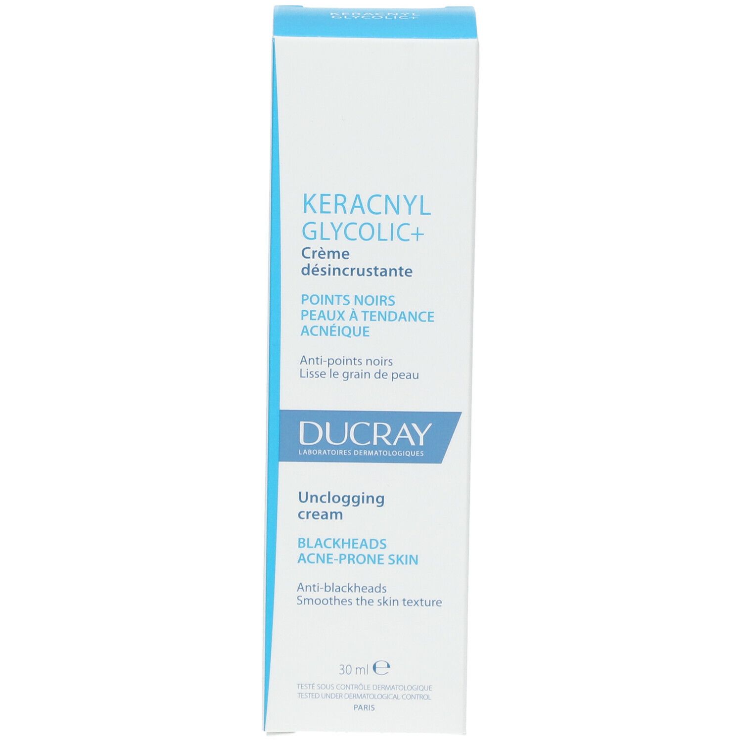 Vista frontale della confezione della crema Ducray Keracnyl Glycolic+. Confezione blu e bianca. Testo: Keracnyl Glycolic+, Ducray.