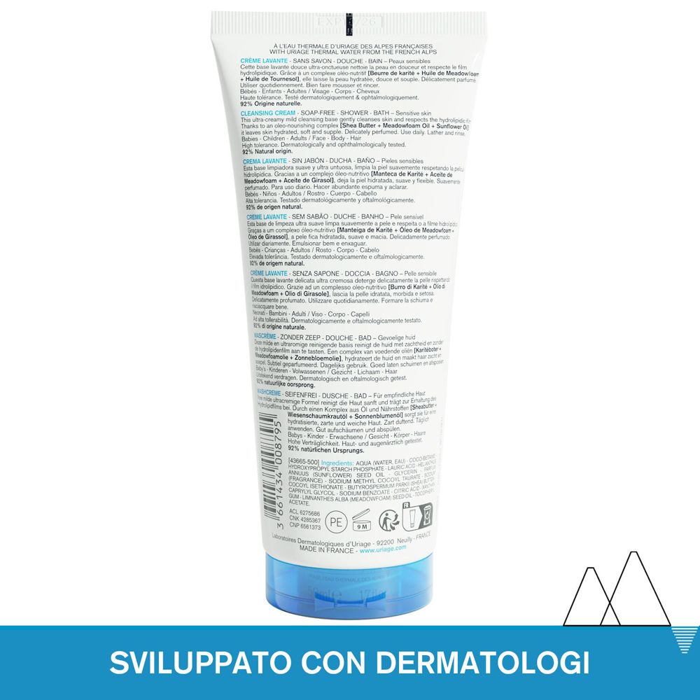 Retro del tubo Uriage Crème Lavante. Testo: Crème Lavante, senza sapone, viso, corpo, capelli. Testato dermatologicamente. Prodotto in Francia.