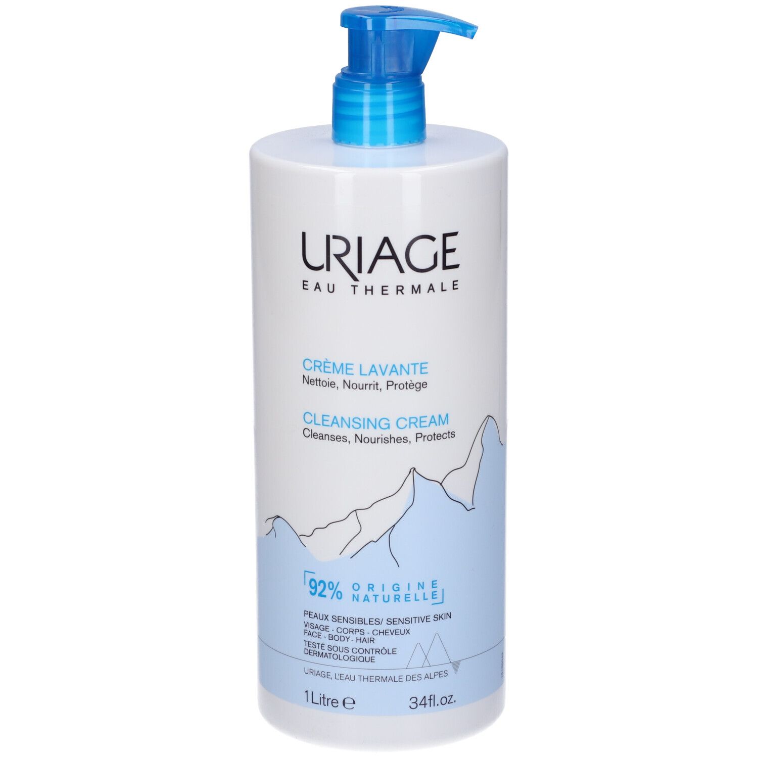 Flacone bianco con dosatore blu. Scritta: URIAGE, Crème Lavante, 1 litro. 92% ingredienti naturali.