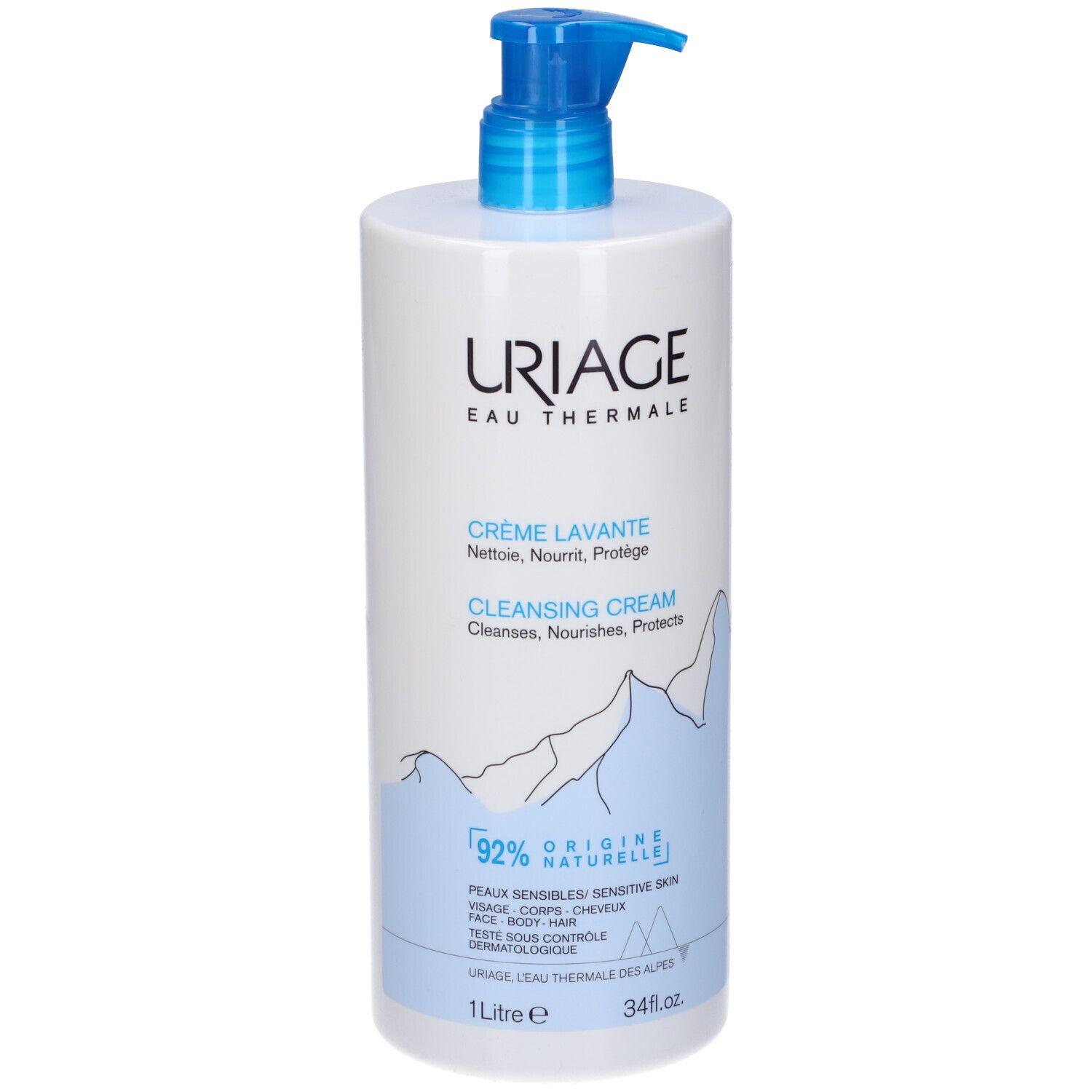 Flacone bianco con dosatore blu. Scritta: URIAGE, Crème Lavante, 1 litro. 92% ingredienti naturali.
