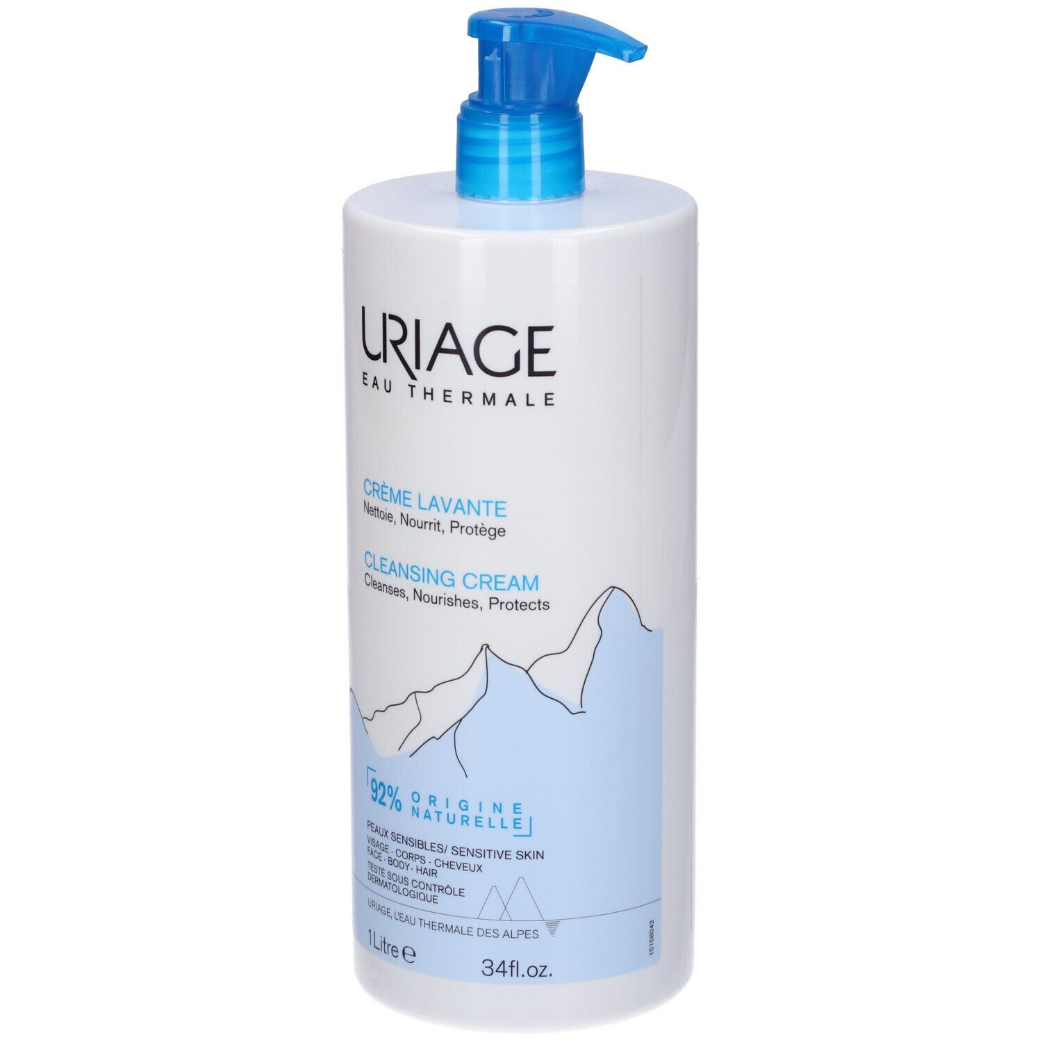 Flacone bianco con dosatore blu. Scritta: URIAGE, Crème Lavante, 1 litro. 92% ingredienti naturali.