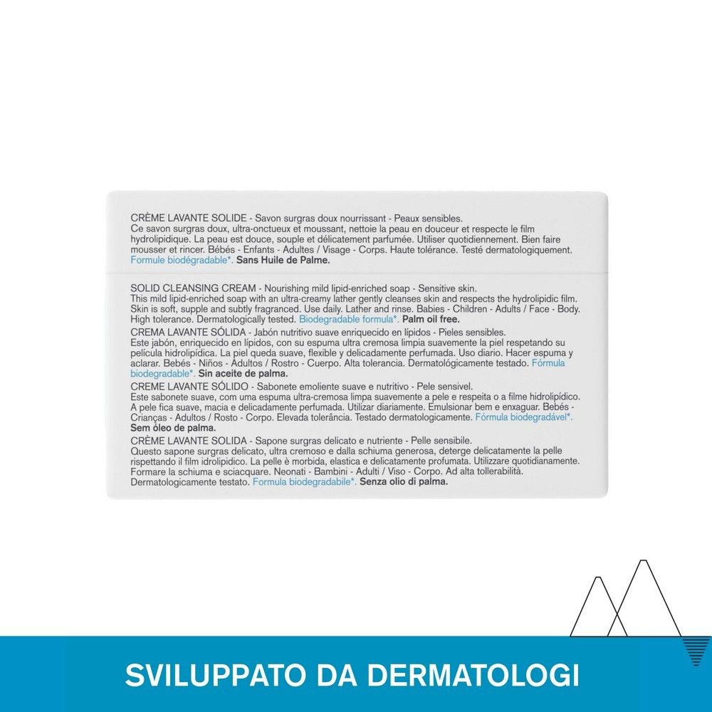 Retro della confezione del sapone. Testo multilingue. Formula biodegradabile. Senza olio di palma.