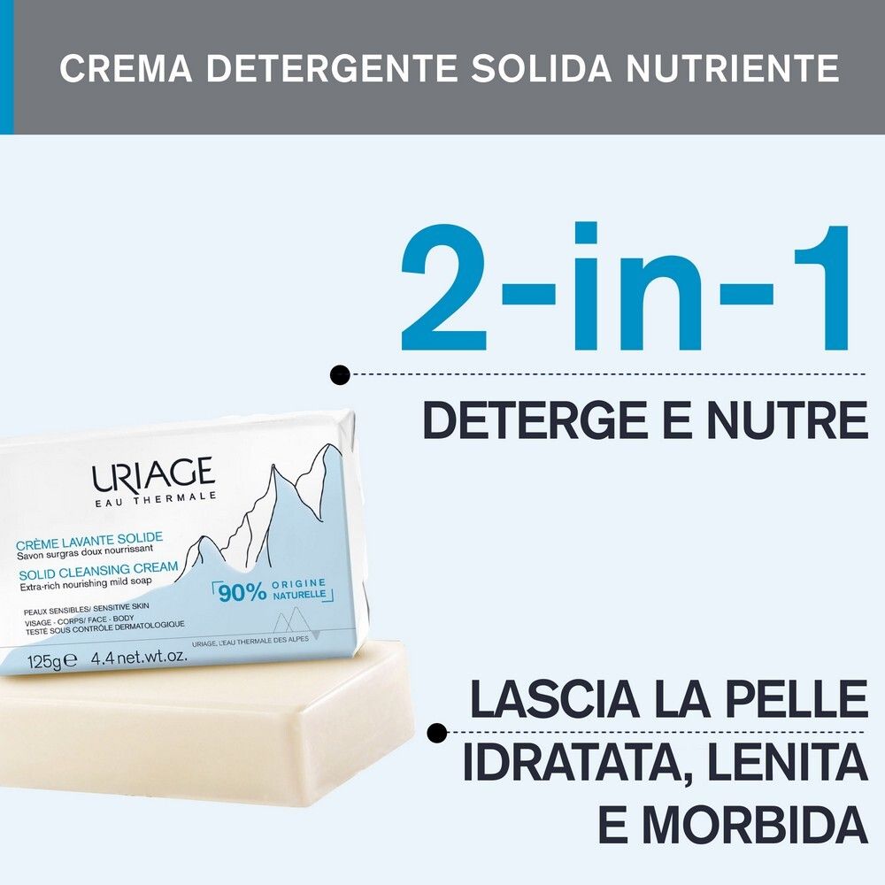 Sapone e confezione. Testo: 2-in-1, deterge e nutre. Lascia la pelle idratata, lenita e morbida.