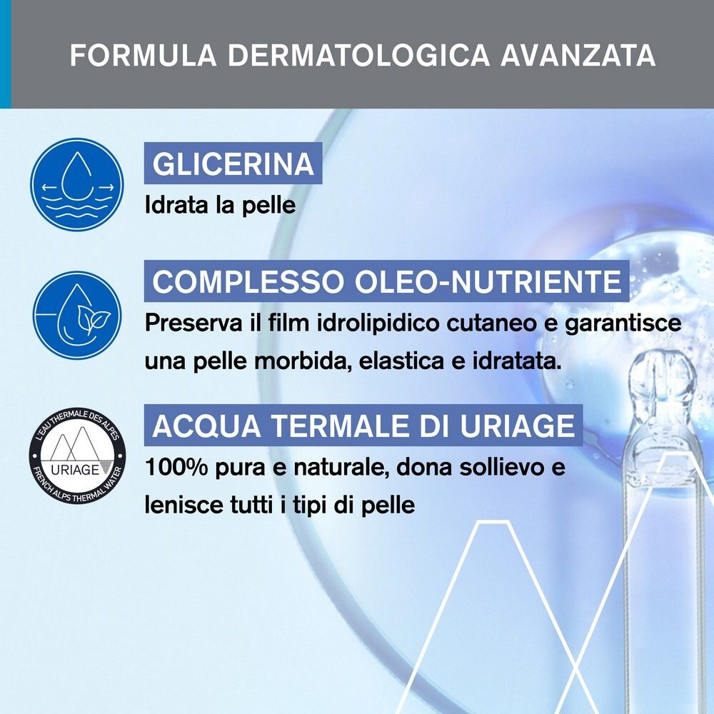 Grafica con ingredienti: Glicerina, Complesso oleo-nutriente, Acqua termale di Uriage. Per tutti i tipi di pelle.
