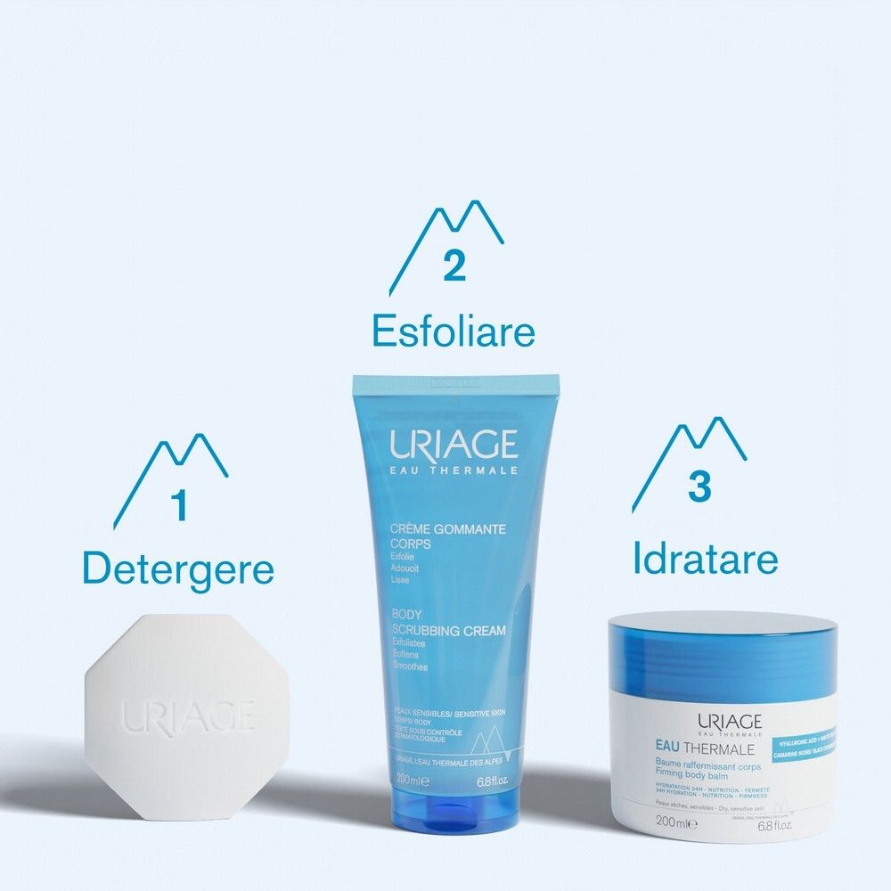Tre prodotti: sapone, crema esfoliante, crema idratante. Testo: Detergere, Esfoliare, Idratare.
