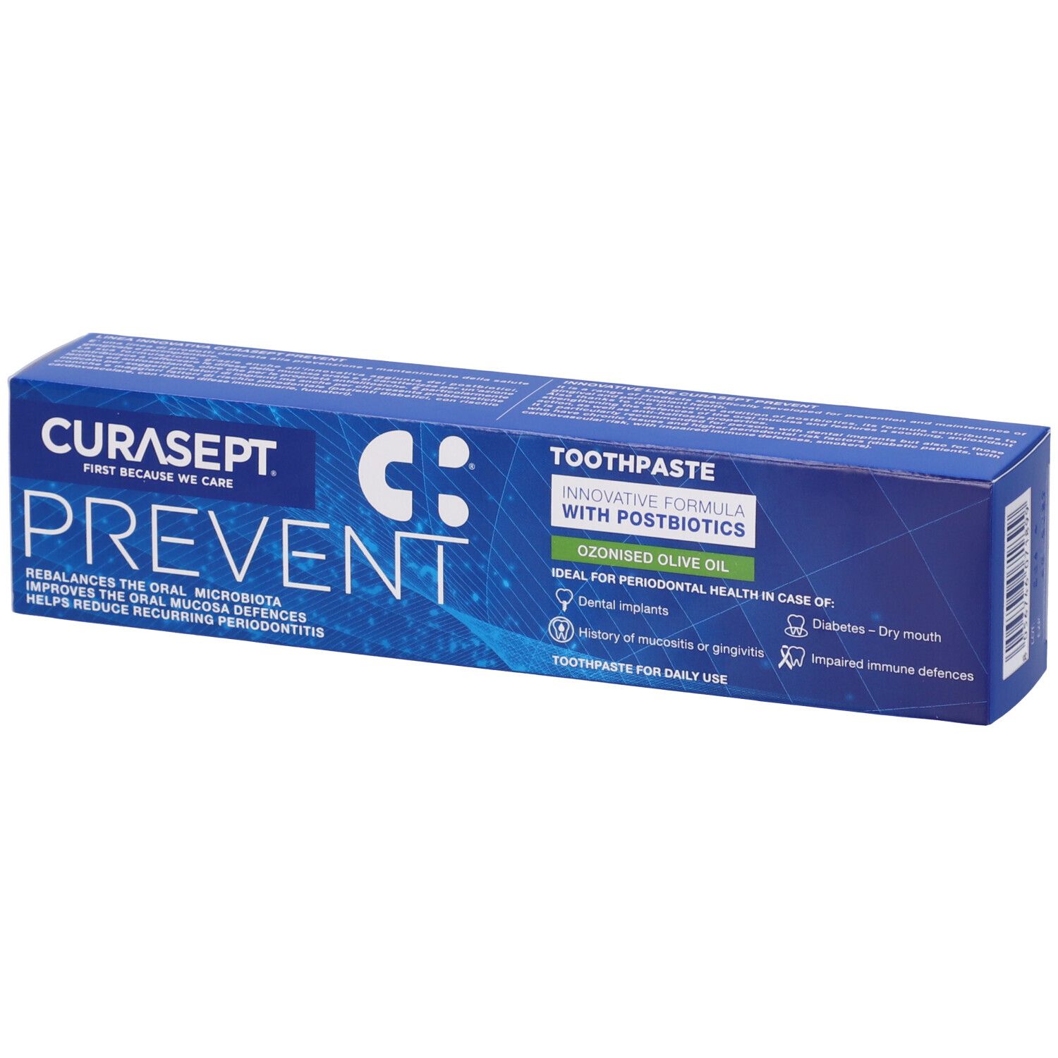 Scatola blu con Curasept Prevent. Scritta: Dentifricio, formula innovativa con postbiotici. Ideale per la salute parodontale.
