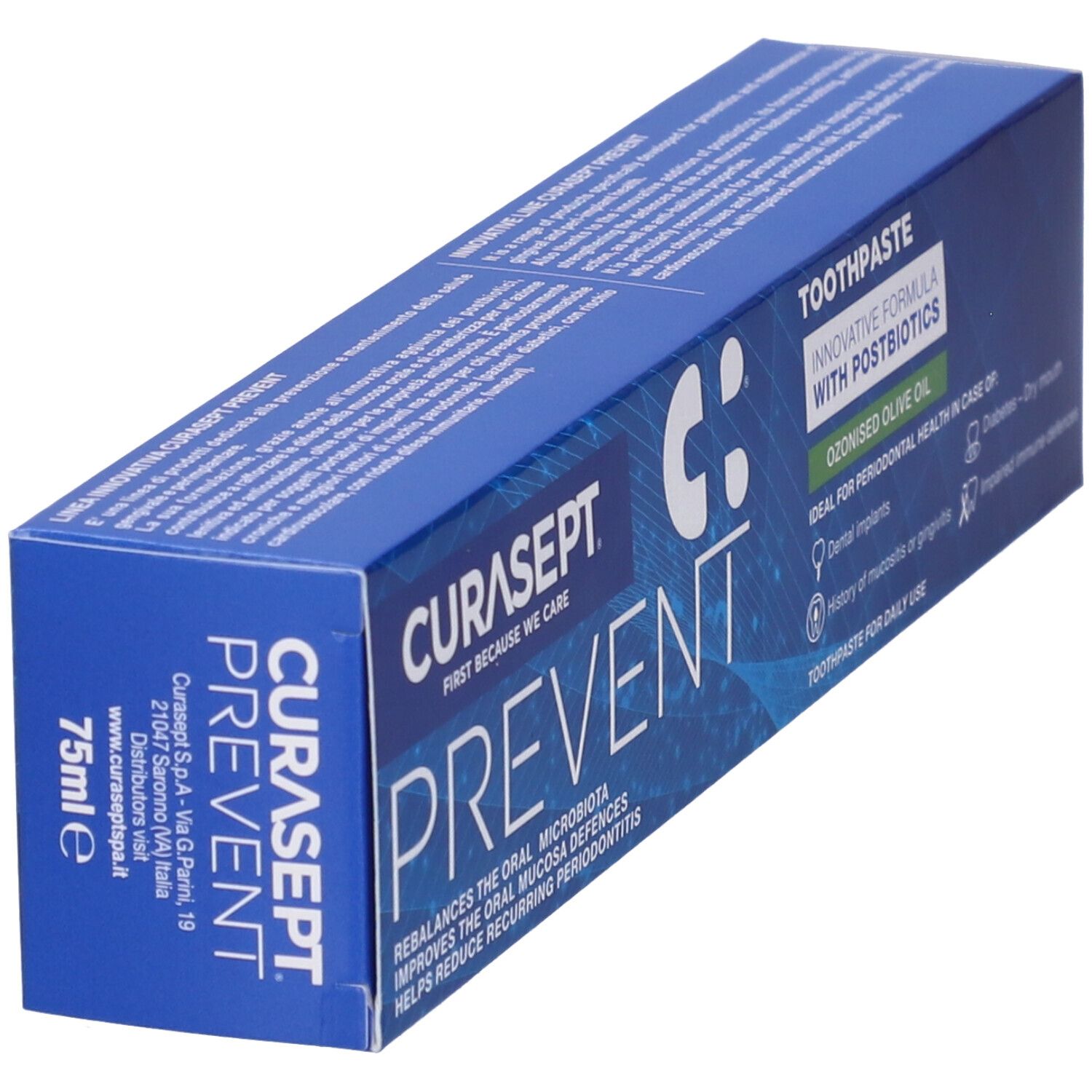 Scatola blu con Curasept Prevent. Scritta: Dentifricio, formula innovativa con postbiotici. Ideale per la salute parodontale.