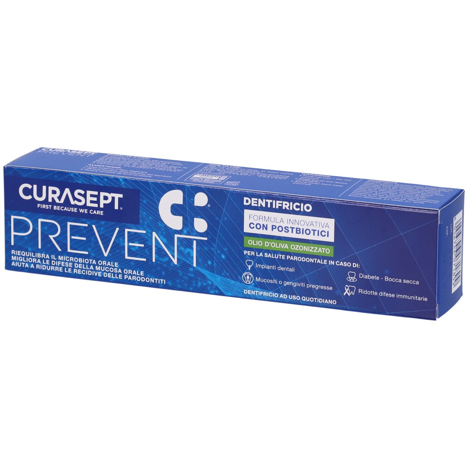 Scatola blu con Curasept Prevent. Scritta: Dentifricio, formula innovativa con postbiotici. Ideale per la salute parodontale.