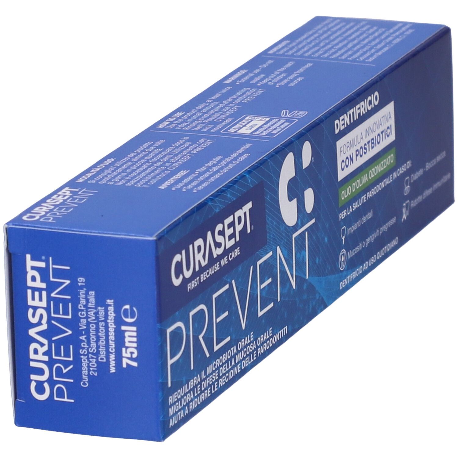 Scatola blu con Curasept Prevent. Scritta: Dentifricio, formula innovativa con postbiotici. Ideale per la salute parodontale.