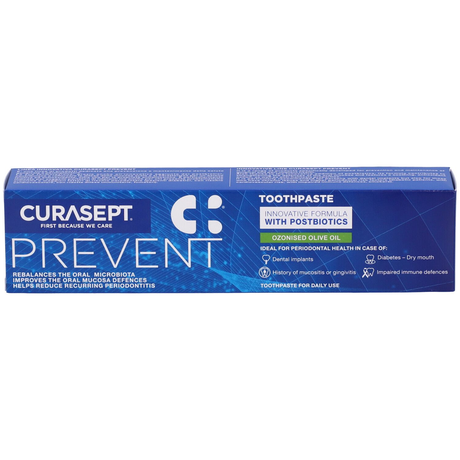 Scatola blu con Curasept Prevent. Scritta: Dentifricio, formula innovativa con postbiotici. Ideale per la salute parodontale.