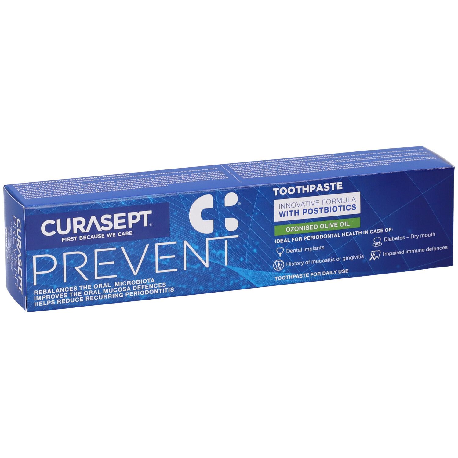 Scatola blu con Curasept Prevent. Scritta: Dentifricio, formula innovativa con postbiotici. Ideale per la salute parodontale.