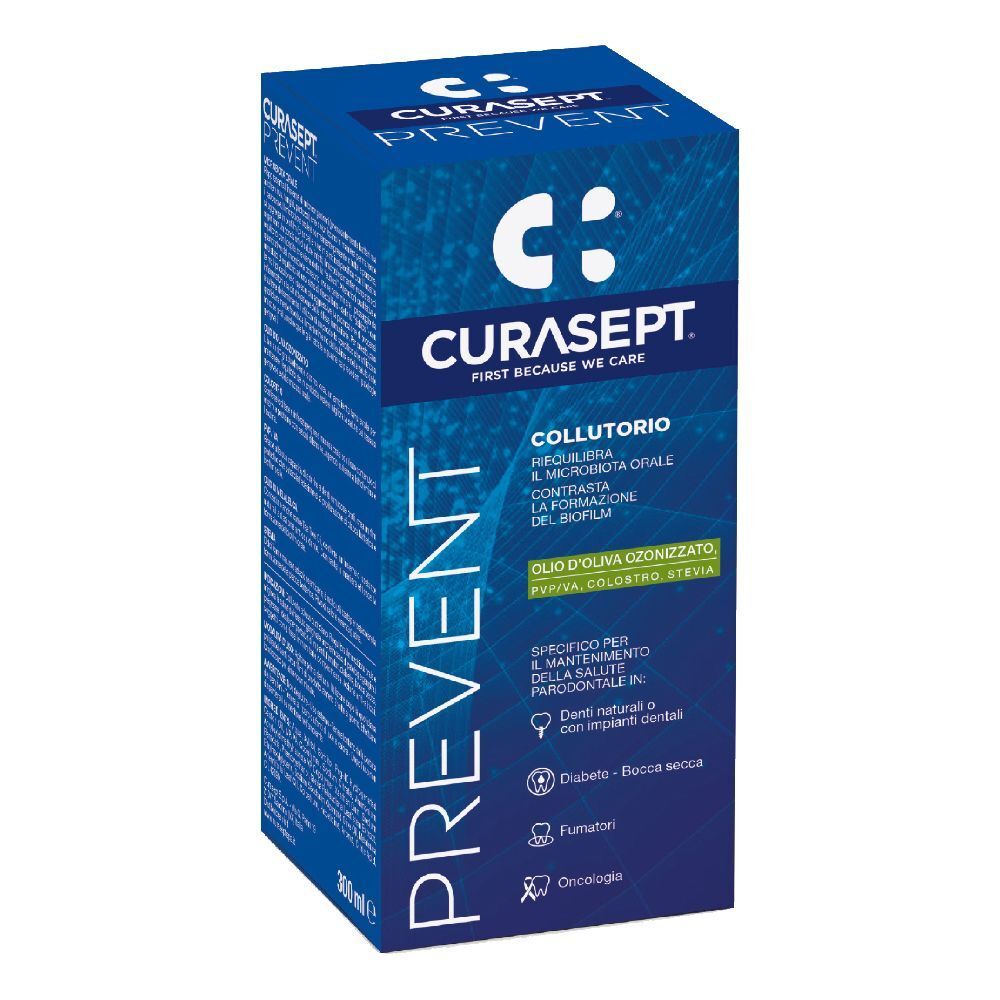 Scatola blu CURASEPT PREVENT. Testo: Collutorio, Olio d'oliva ozonizzato. Logo.
