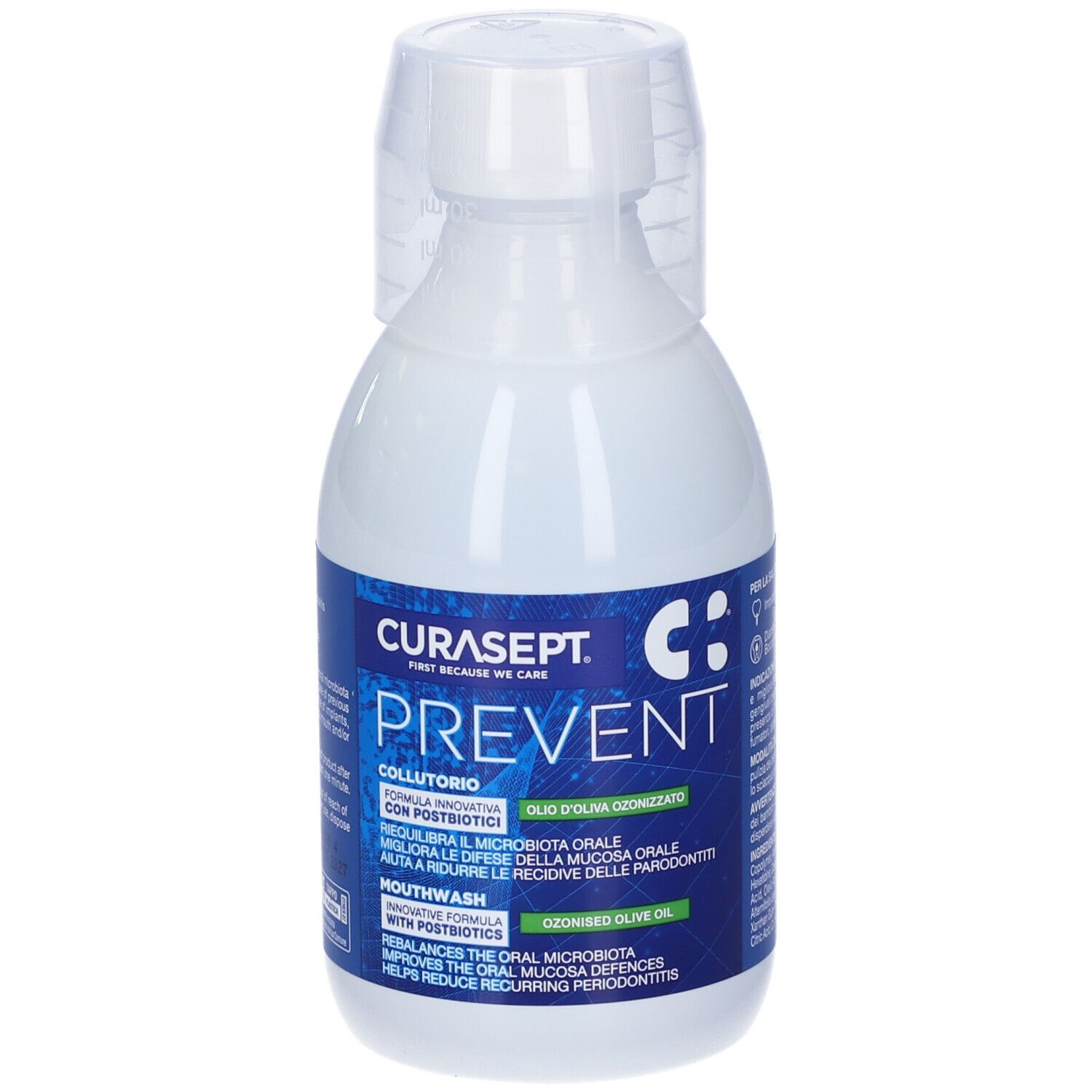 Flacone bianco CURASEPT PREVENT. Testo: Collutorio, Olio d'oliva ozonizzato. Con misurino.