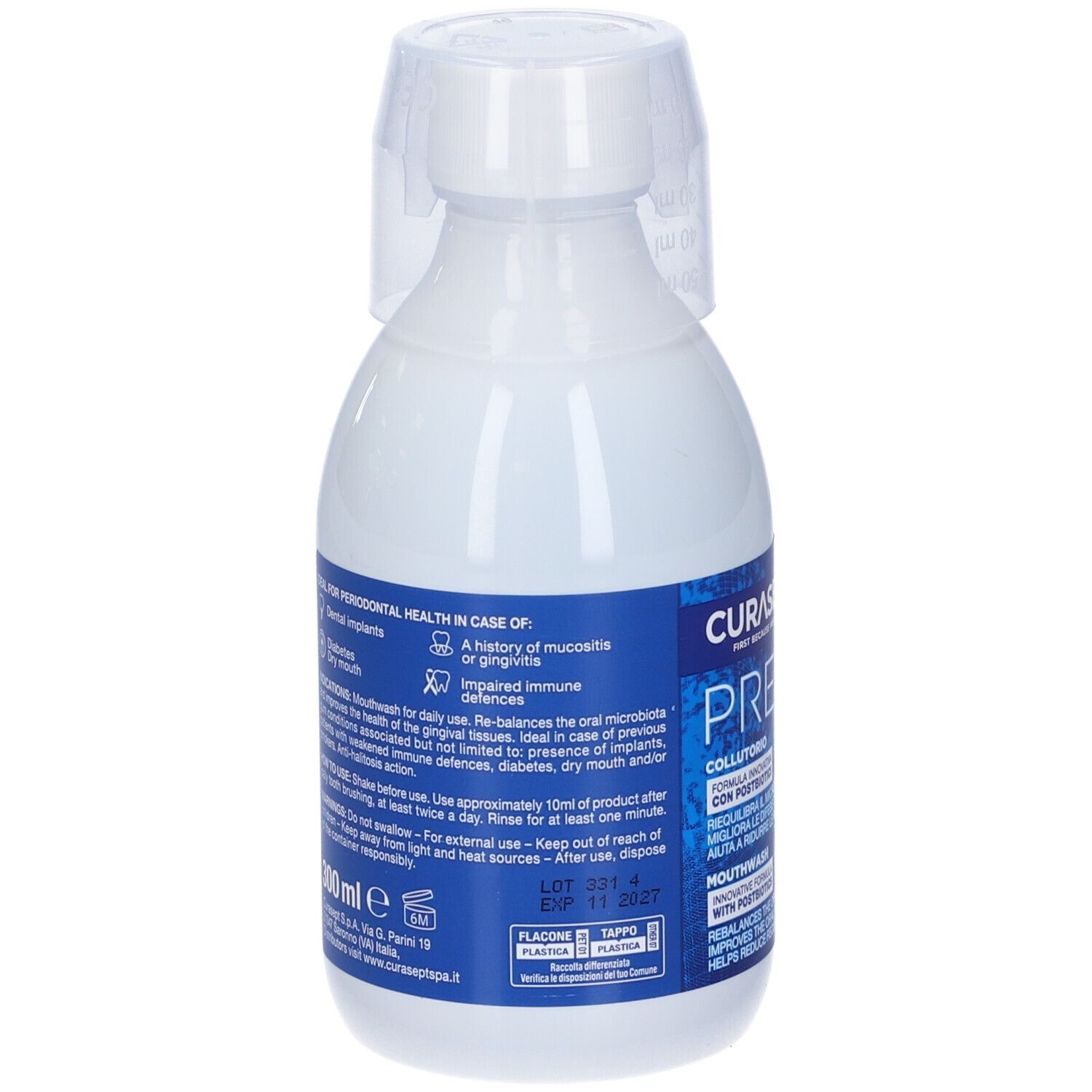Flacone bianco CURASEPT PREVENT. Testo: Collutorio, Olio d'oliva ozonizzato. Testo sul retro.