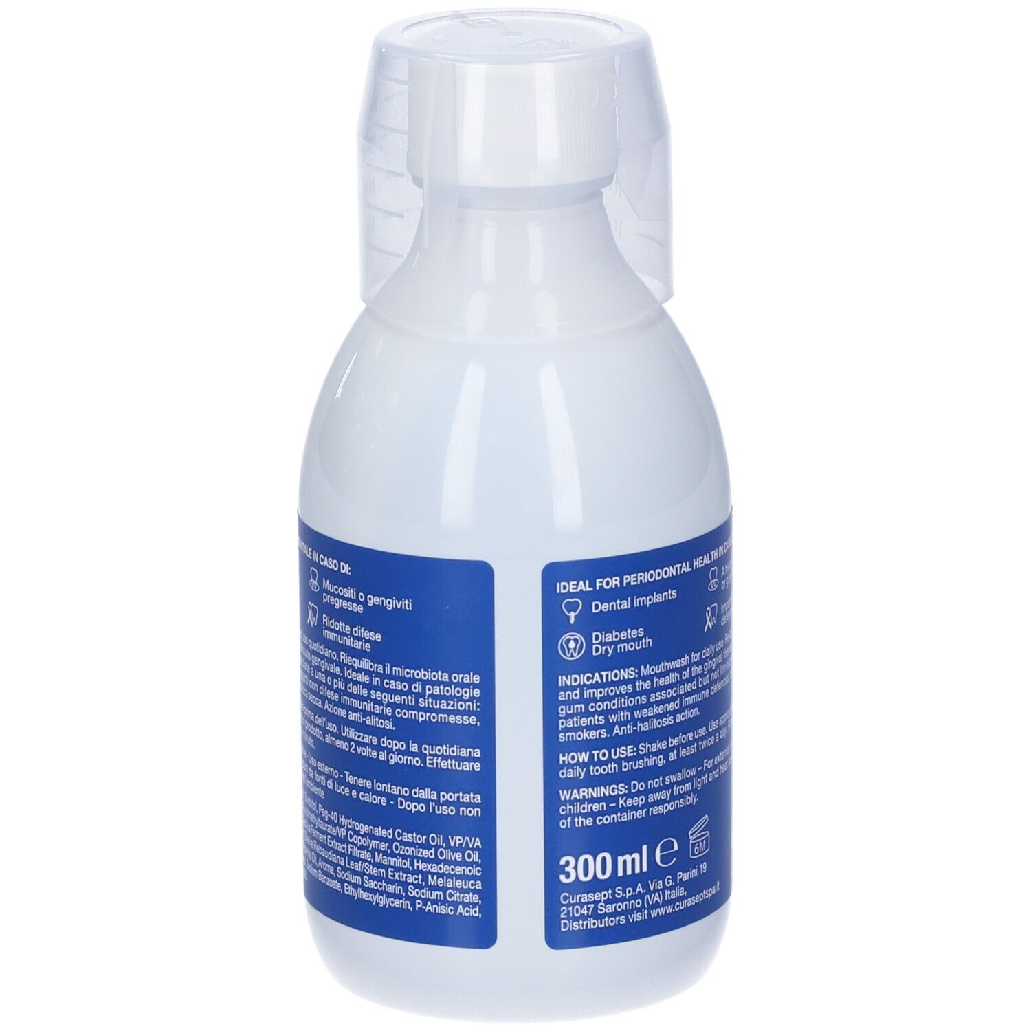 Flacone bianco CURASEPT PREVENT. Testo: Collutorio, Olio d'oliva ozonizzato. Testo sul retro.