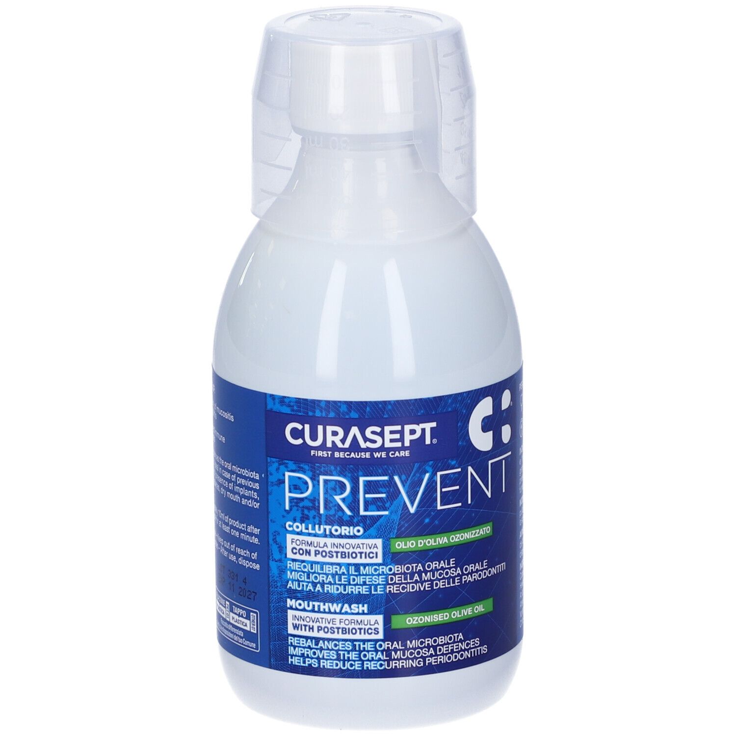Flacone bianco CURASEPT PREVENT. Testo: Collutorio, Olio d'oliva ozonizzato. Testo sul retro.