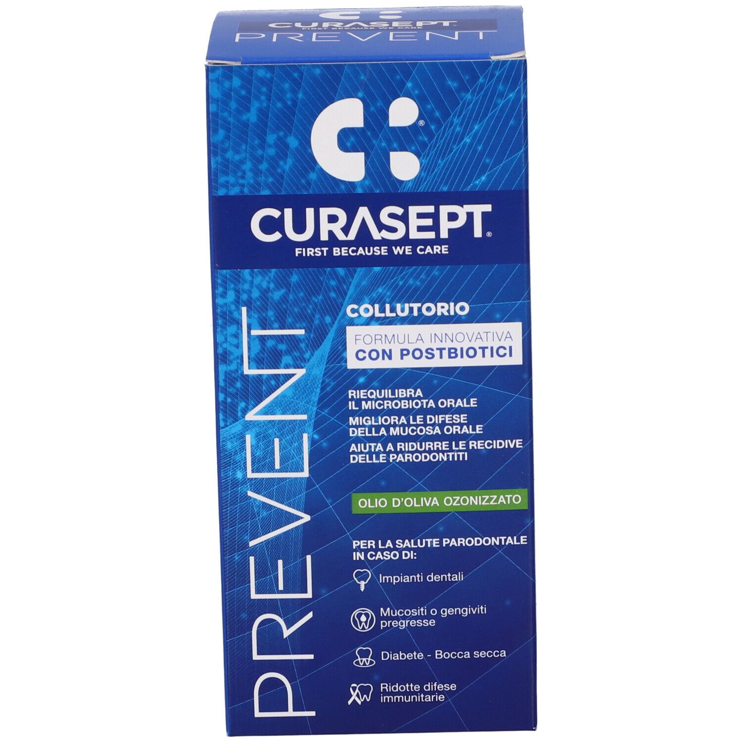 Scatola blu CURASEPT PREVENT. Testo: Collutorio, Olio d'oliva ozonizzato. Logo.