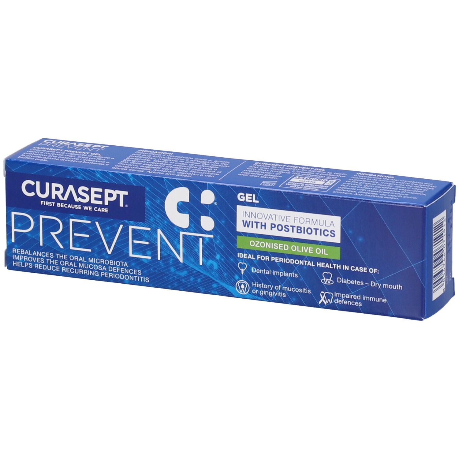 Verpackung des Mundgels Curasept Prevent mit Informationen zur Zahngesundheit.