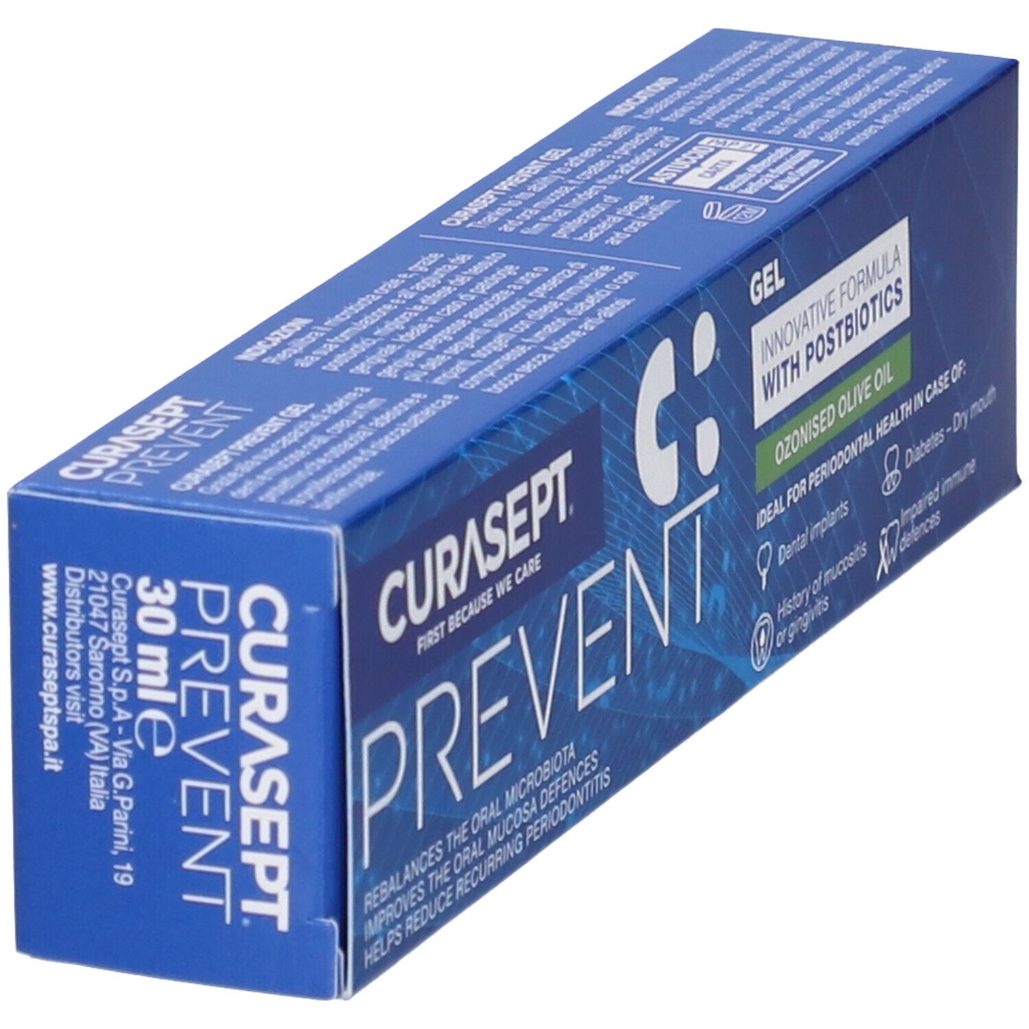Blaue Verpackung für 'Curasept Prevent' Zahngel, 30 ml, mit Produktinformationen.