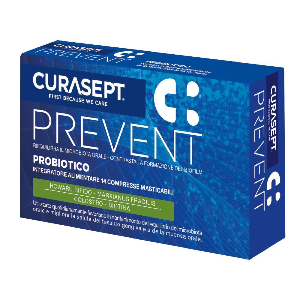 Scatola blu con PREVENT e CURASEPT. Contiene 14 compresse masticabili. Testo: Probiotico, ingredienti.
