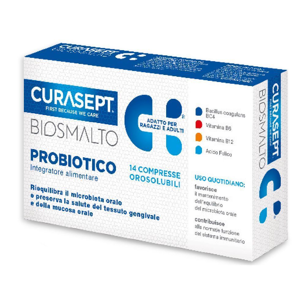 Confezione di Curasept Biosmalto Probiotico. Contiene 14 compresse orosolubili. Scatola bianca e blu con informazioni.