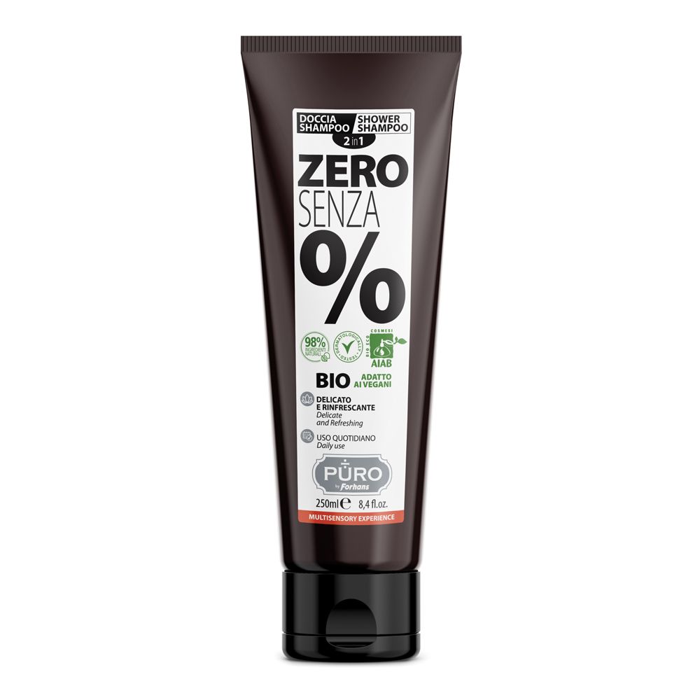 Braune Tube mit schwarzem Verschluss. Aufschrift 'ZERO SENZA %', 'BIO', 'Puro'.