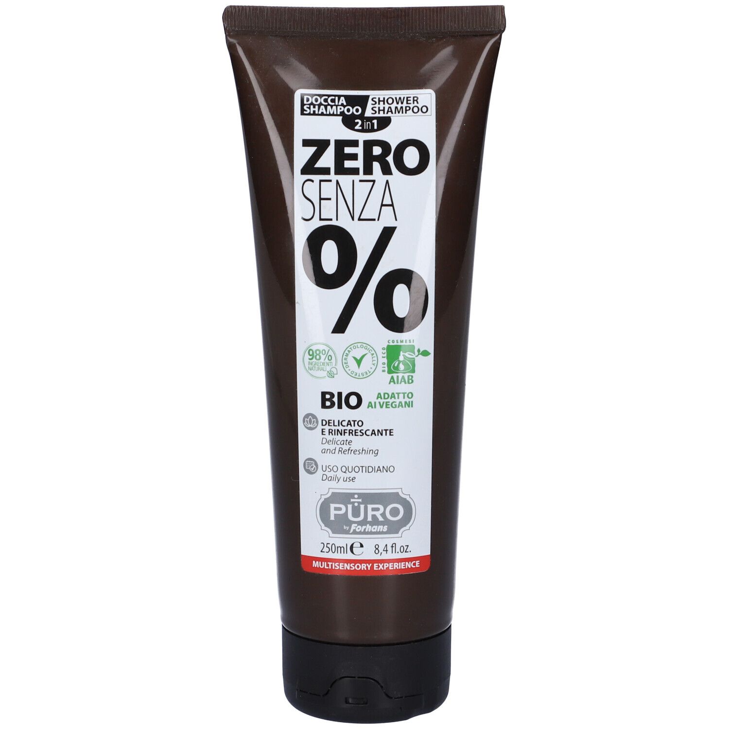 Braune Tube mit schwarzem Verschluss. Aufschrift 'ZERO SENZA %', 'BIO', 'Puro'.