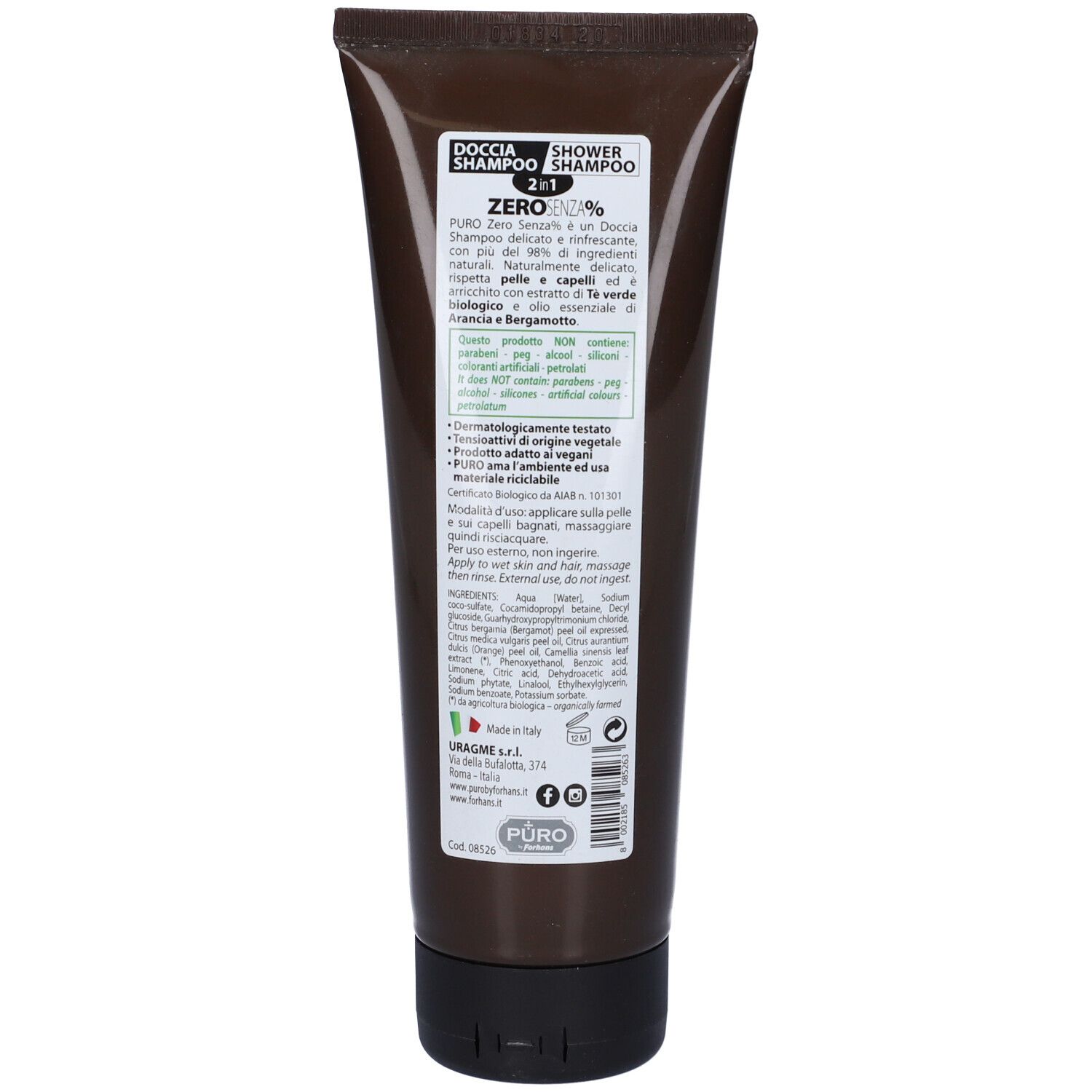 Rückseite einer braunen Tube mit schwarzem Verschluss. Text in mehreren Sprachen.